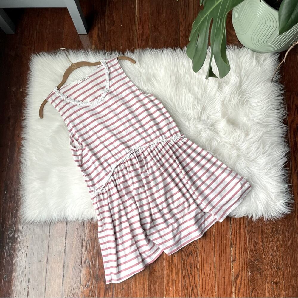 Pink & Cream Striped Peplum Top With Lace Detailing
